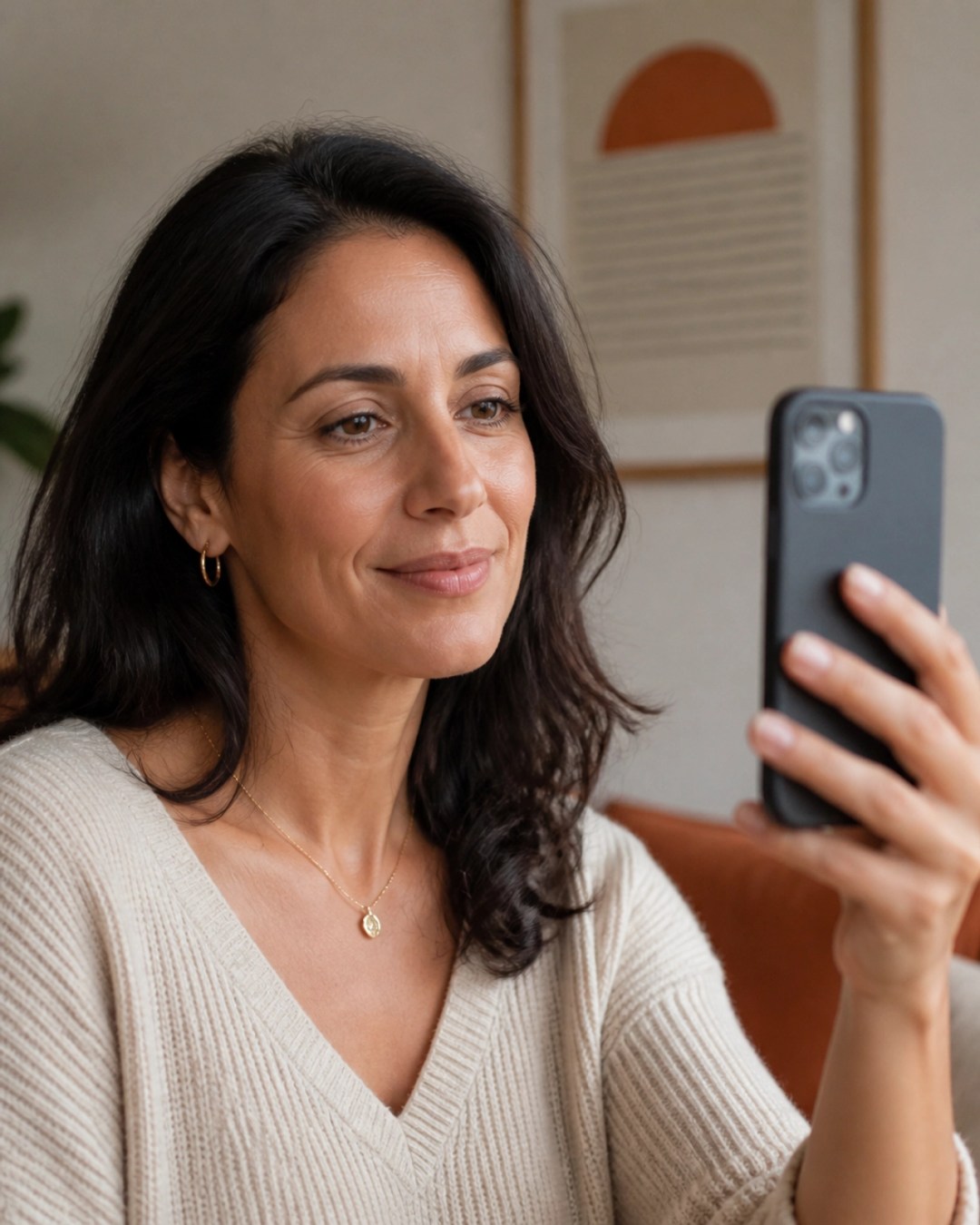 A woman in her 40s using a smartphone to record a health biomarker scan