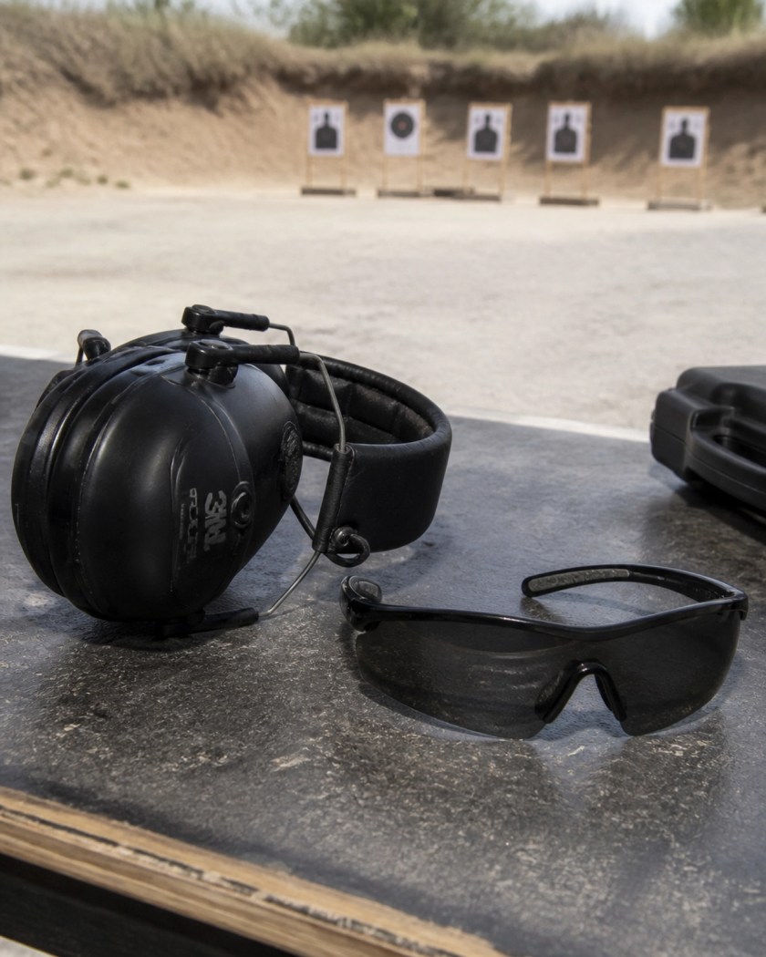 Shooting safety gear including electronic ear muffs and tinted safety glasses on a gun bench