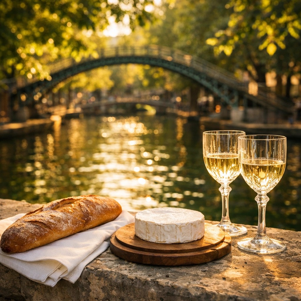 Luxury picnic with baguette and wine overlooking the peaceful Canal Saint-Martin in Paris.