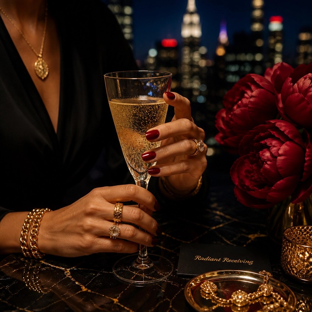 A woman embodying radiant receiving energy at a luxury marble table
