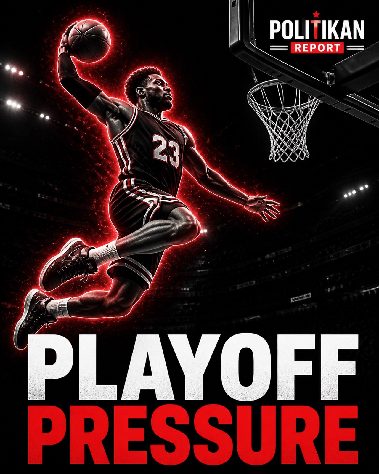 A cinematic black and white image of a basketball player dunking with a red glow, titled 'PLAYOFF PRESSURE'.