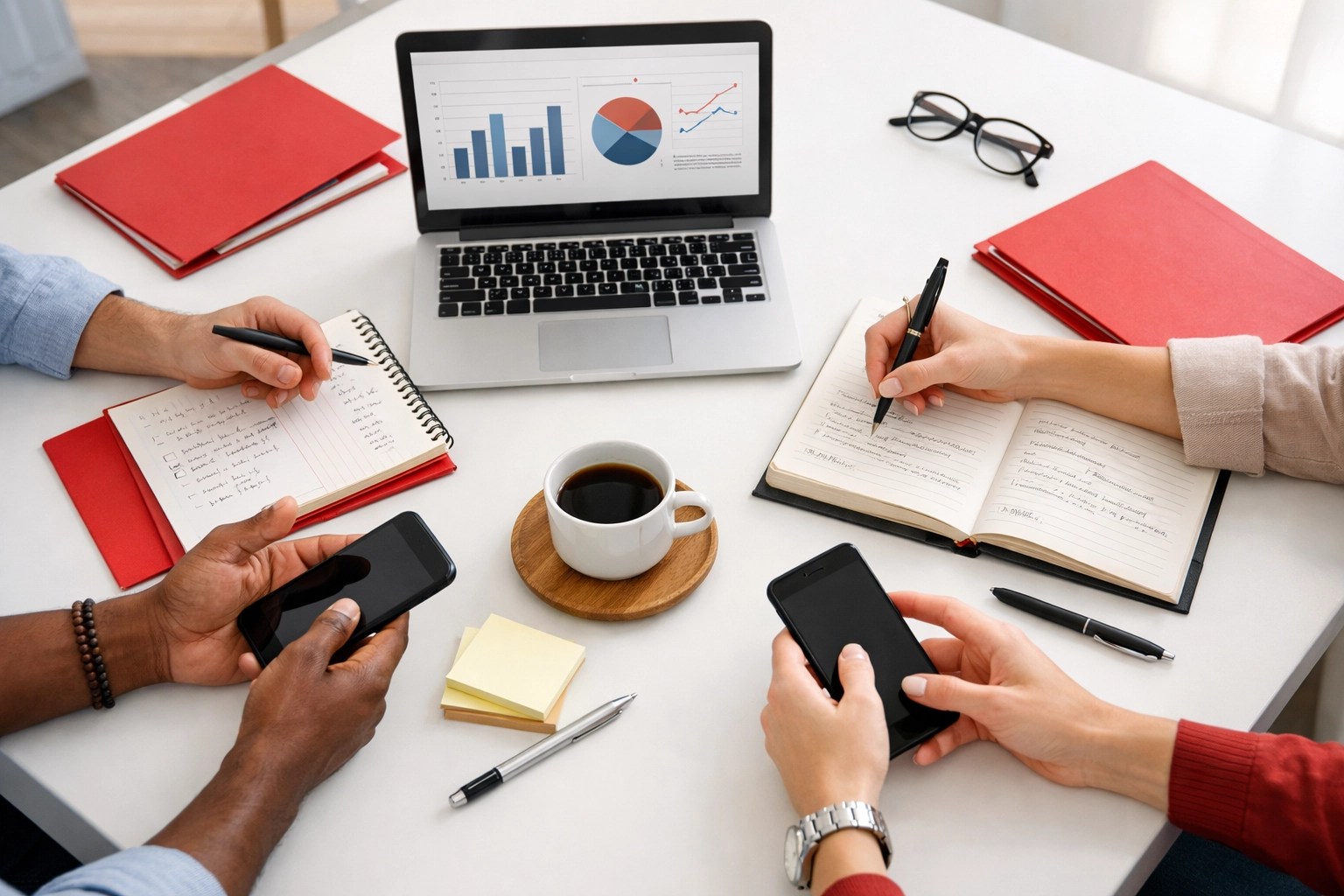 Team hands collaborating over organized workspace with charts showing operational consulting data