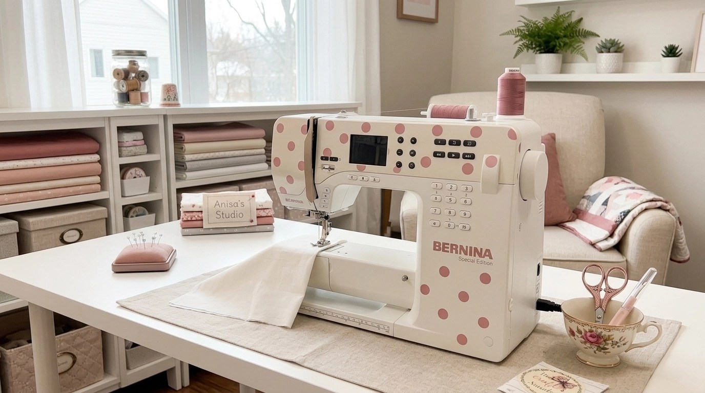 Anisa's actual polka-dot Bernina in her sewing corner stitching a stabilized T-shirt quilt block in her studio.