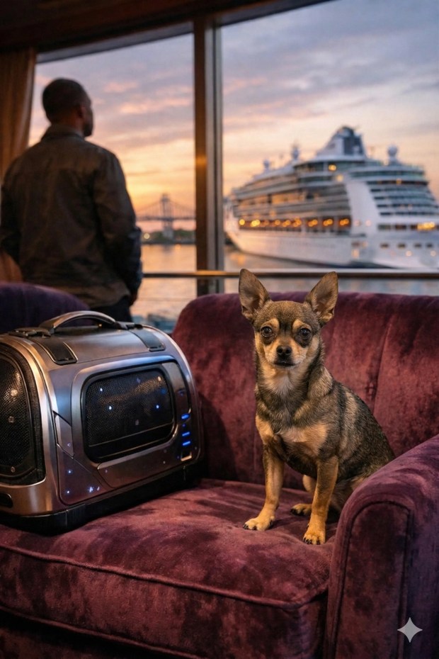 Fora Travel Advisor's pet Ethel in a luxury cruise lounge at the Port of New Orleans.