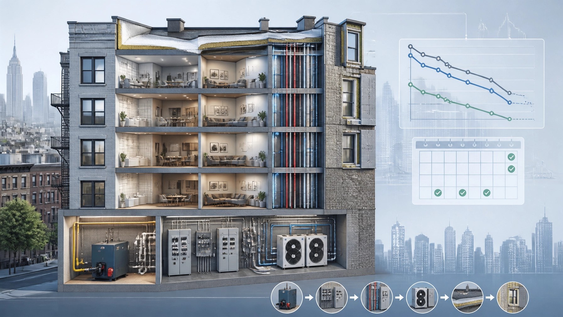Technical cutaway illustration of an NYC building showing boiler systems, electrical upgrades, heat pumps, roof insulation, and emissions data