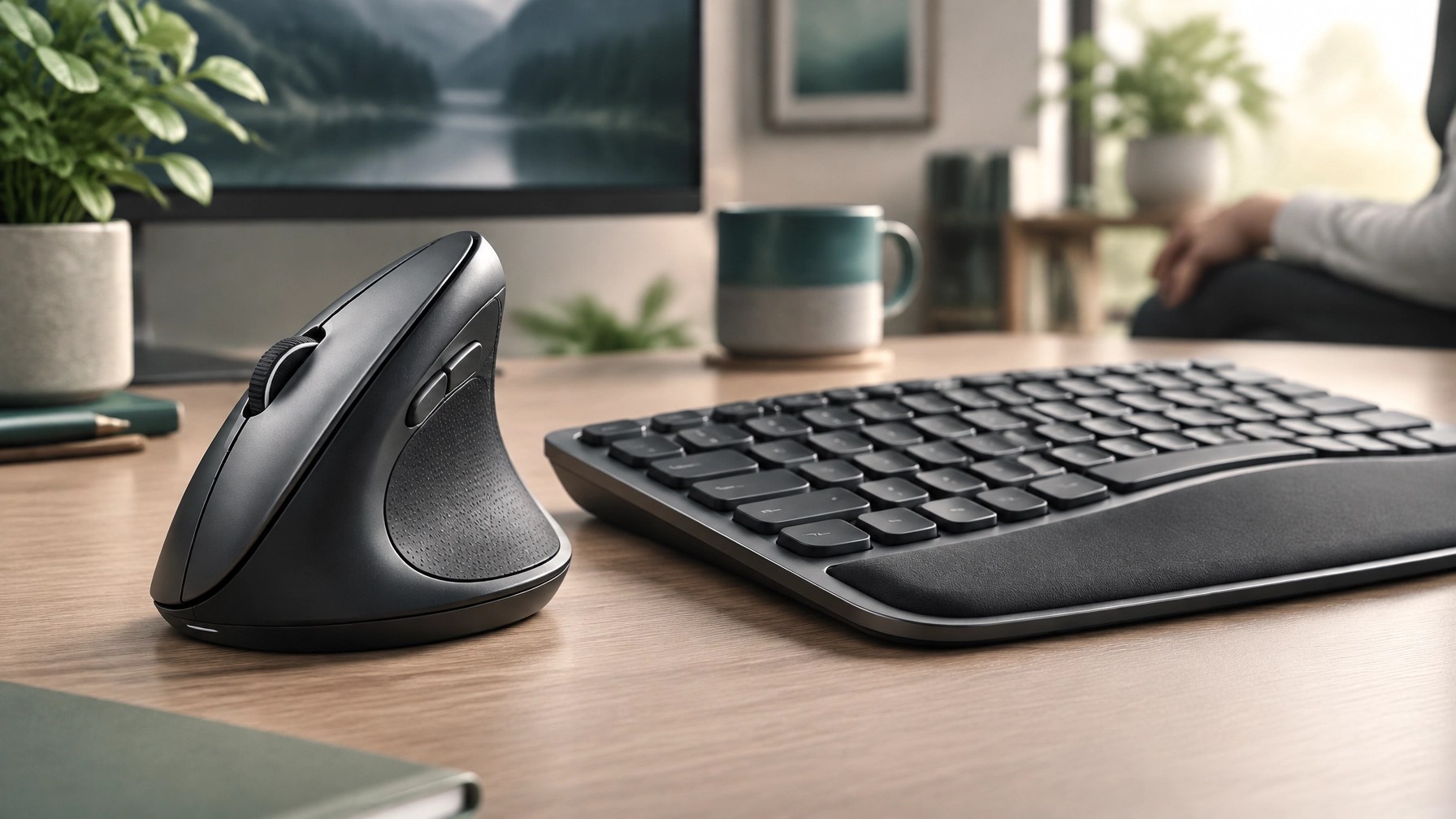 A vertical ergonomic mouse and keyboard arranged on a clean, modern desk