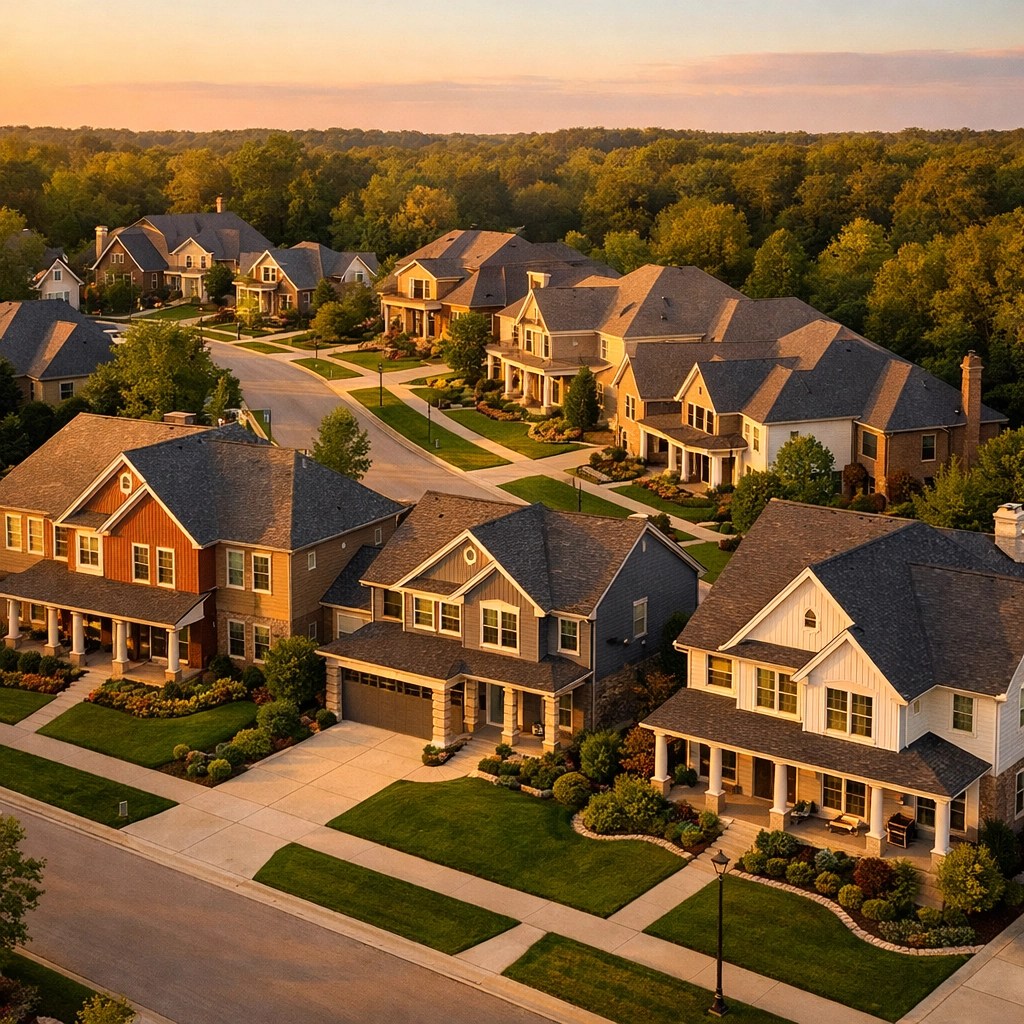 Upscale suburban neighborhood in Montgomery County Ohio showing modern homes for sale at sunset.
