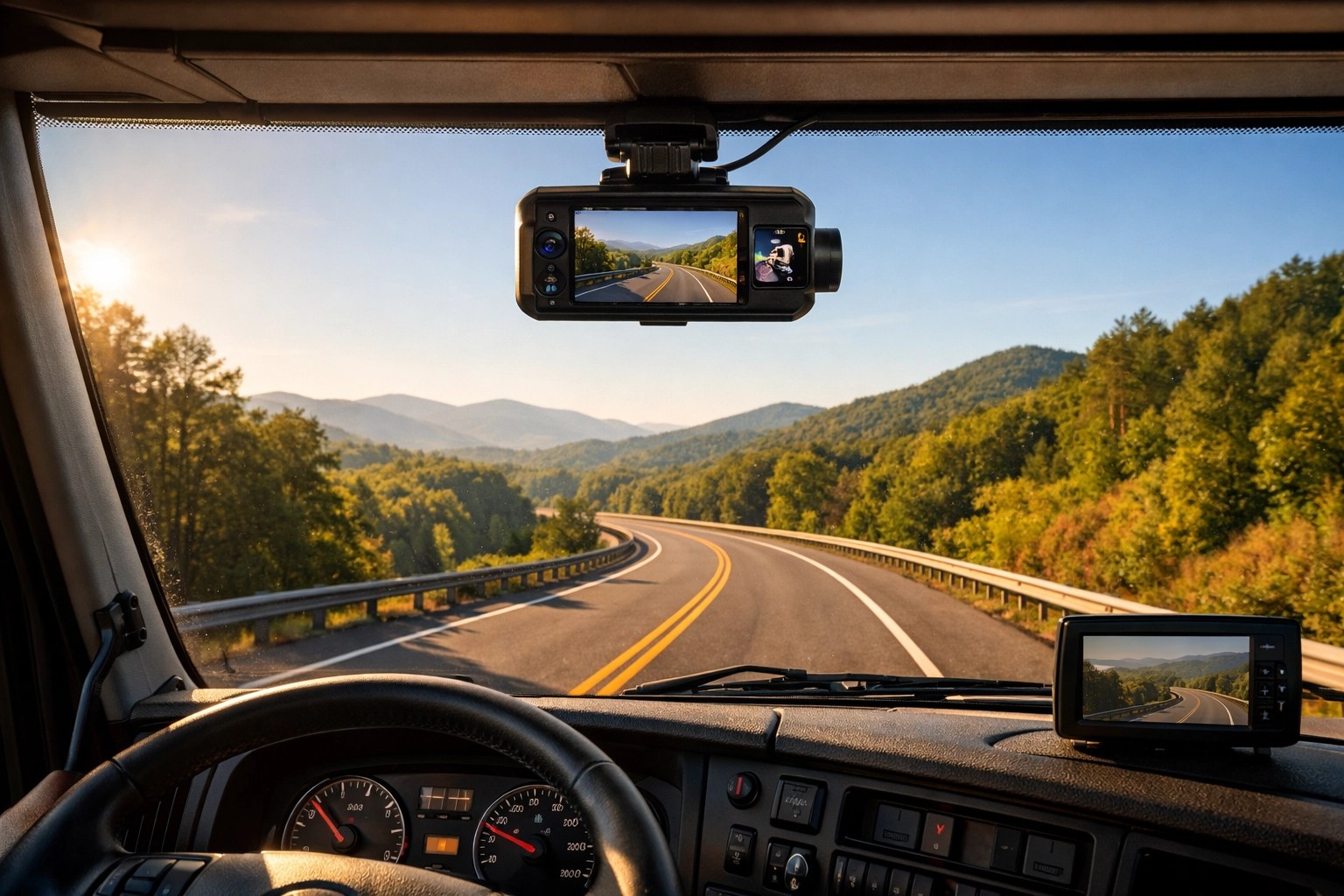 Dual-facing dash camera in a commercial truck driving through North Georgia to lower insurance risk.