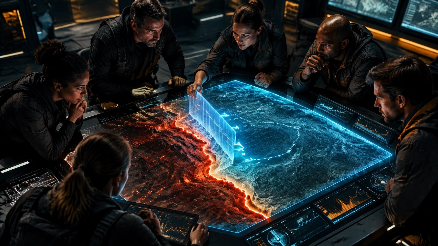 A high-risk crew gathered around a table reviewing operating margins and close calls while a boundary map moves back into a safe zone