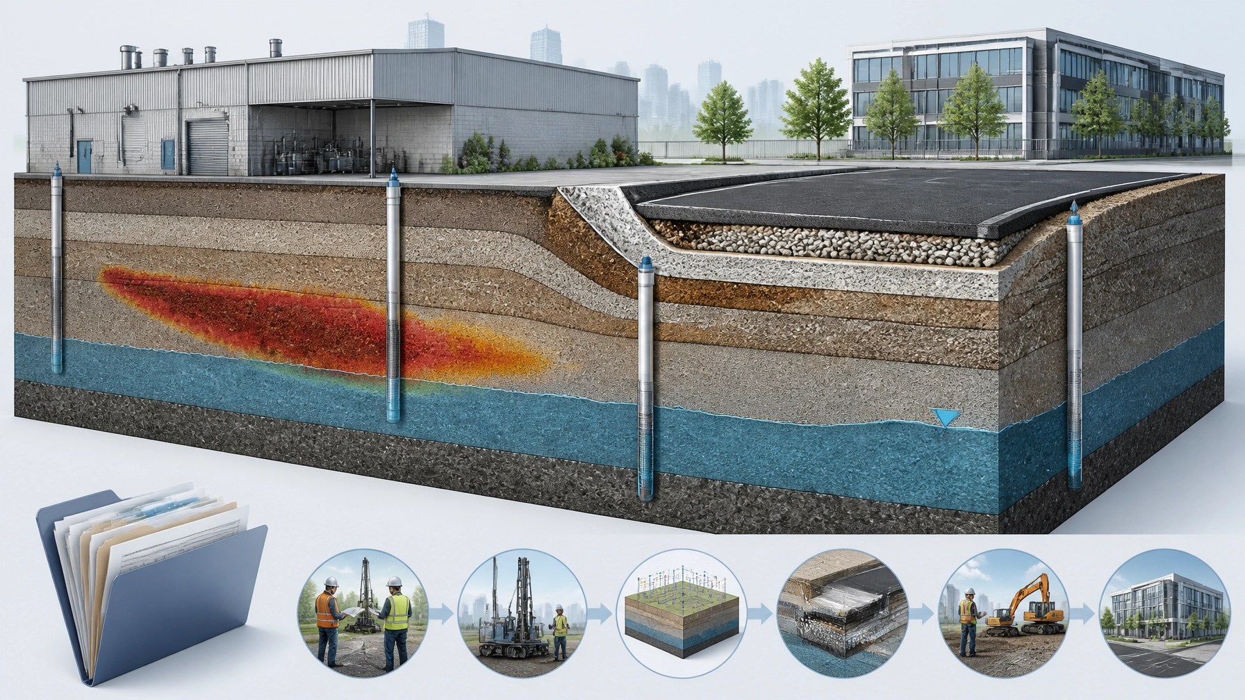 Technical cross-section showing soil, groundwater, monitoring wells, contamination, and engineering controls at a New Jersey brownfield site