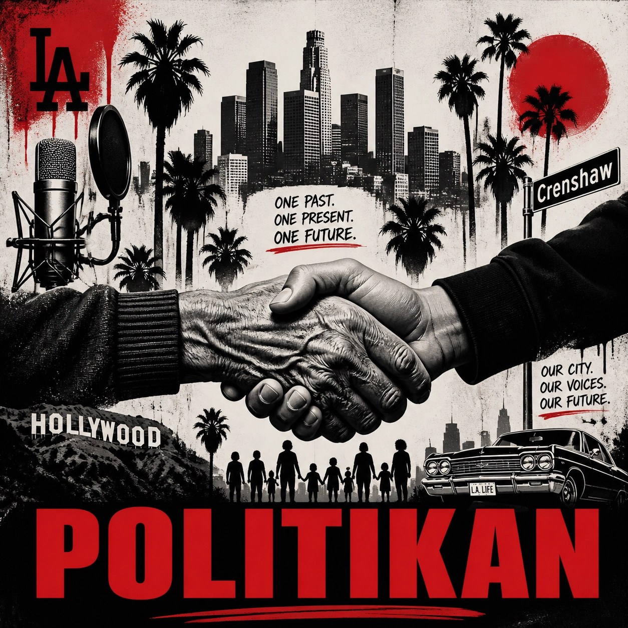 Urban Los Angeles mural with a generational handshake and community symbols in red and black.