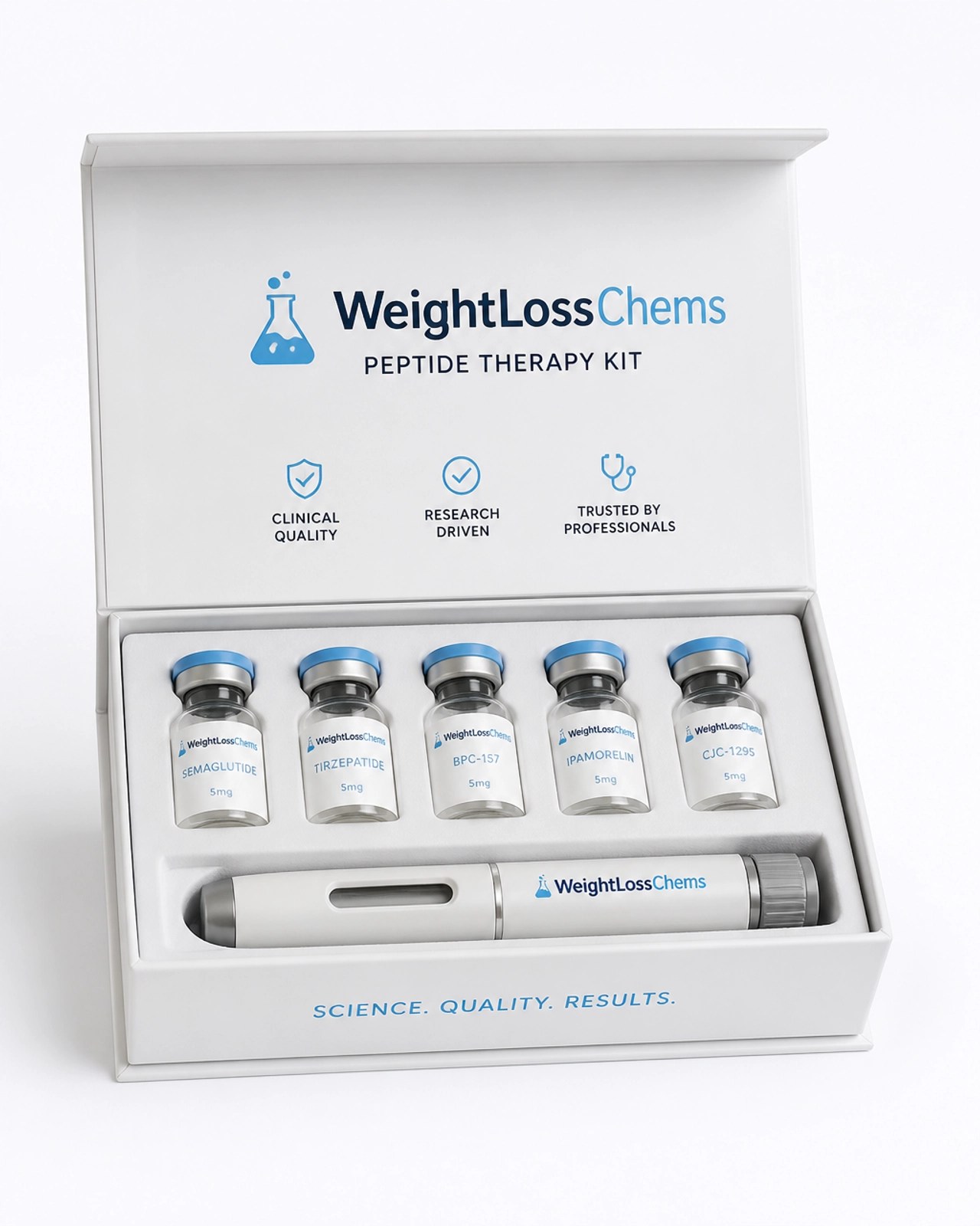 A clinical product shot of a WeightLossChems peptide kit with a reusable pen system.