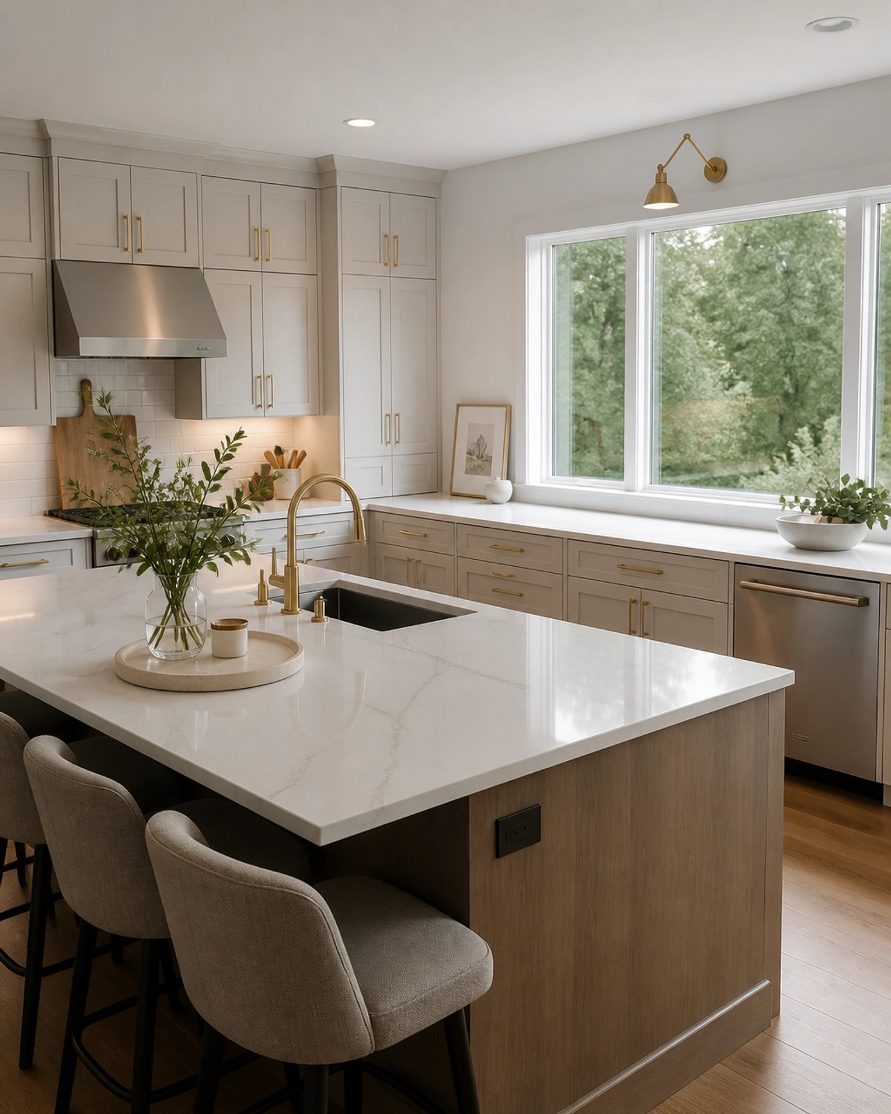 A luxury kitchen in a modern Miamisburg home showcasing high-end finishes and professional photography