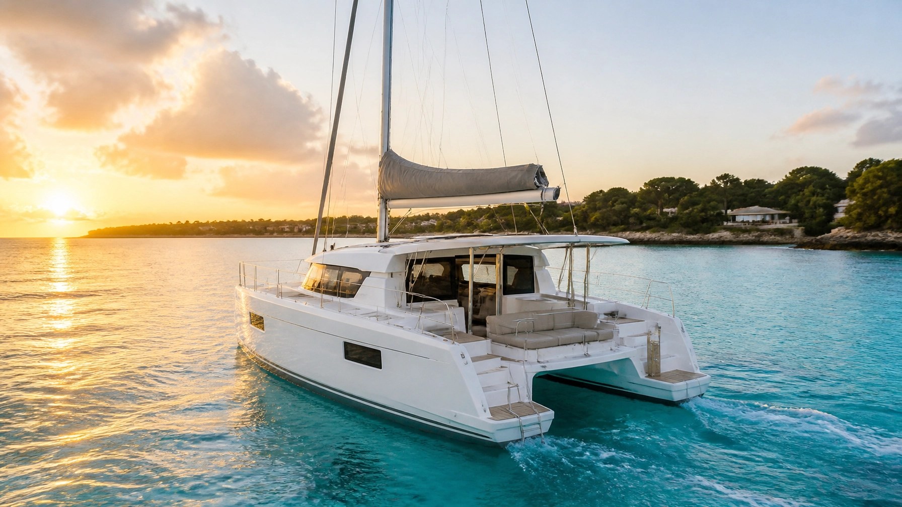 White catamaran sailing along Barbados’ turquoise west coast at golden hour with a pristine coastline and empty deck