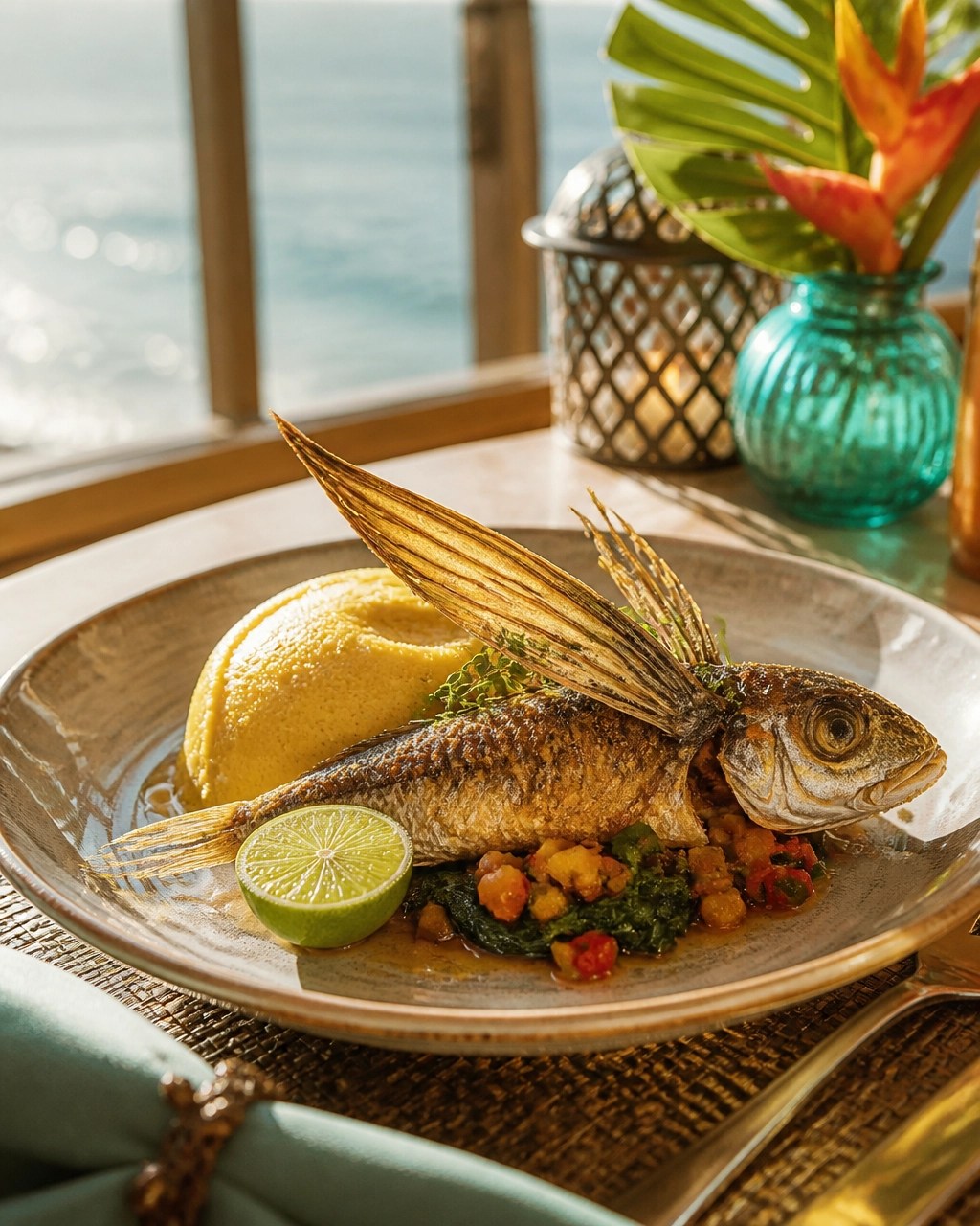 Refined plate of Barbadian flying fish with cou-cou, lime, herbs, and tropical vegetables in warm coastal light