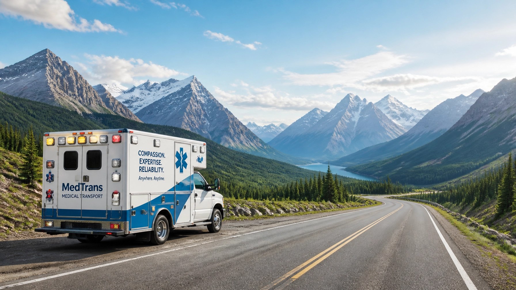 A modern medical transport vehicle in a vast mountainous landscape
