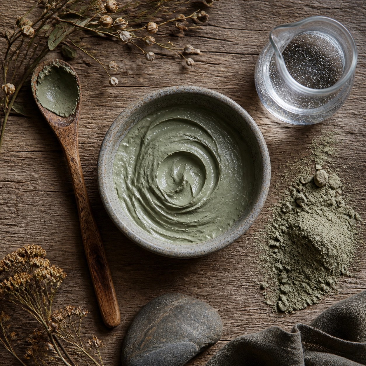 Minimalist layout of Clayer green clay powder and paste with natural mixing tools