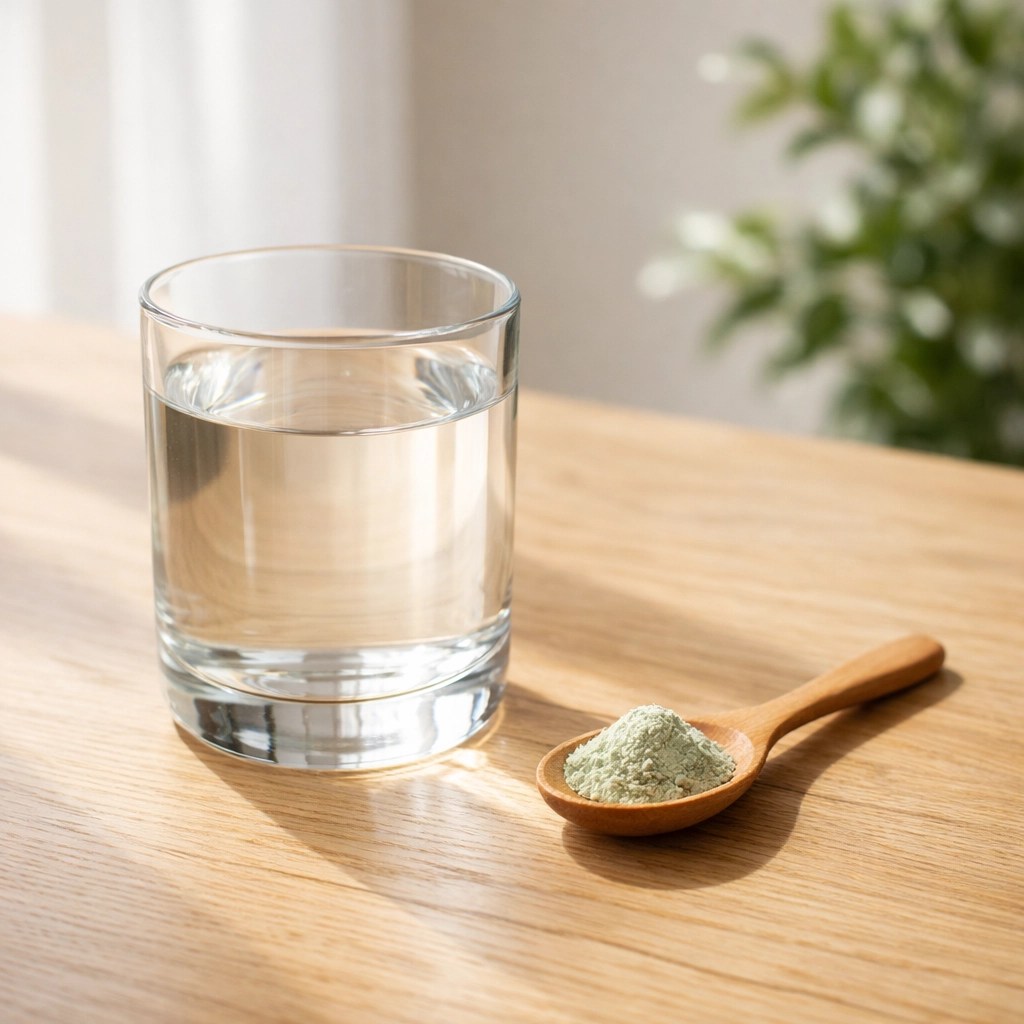 Fine food grade green clay powder on a wooden spoon ready for a natural healing clay detox drink.