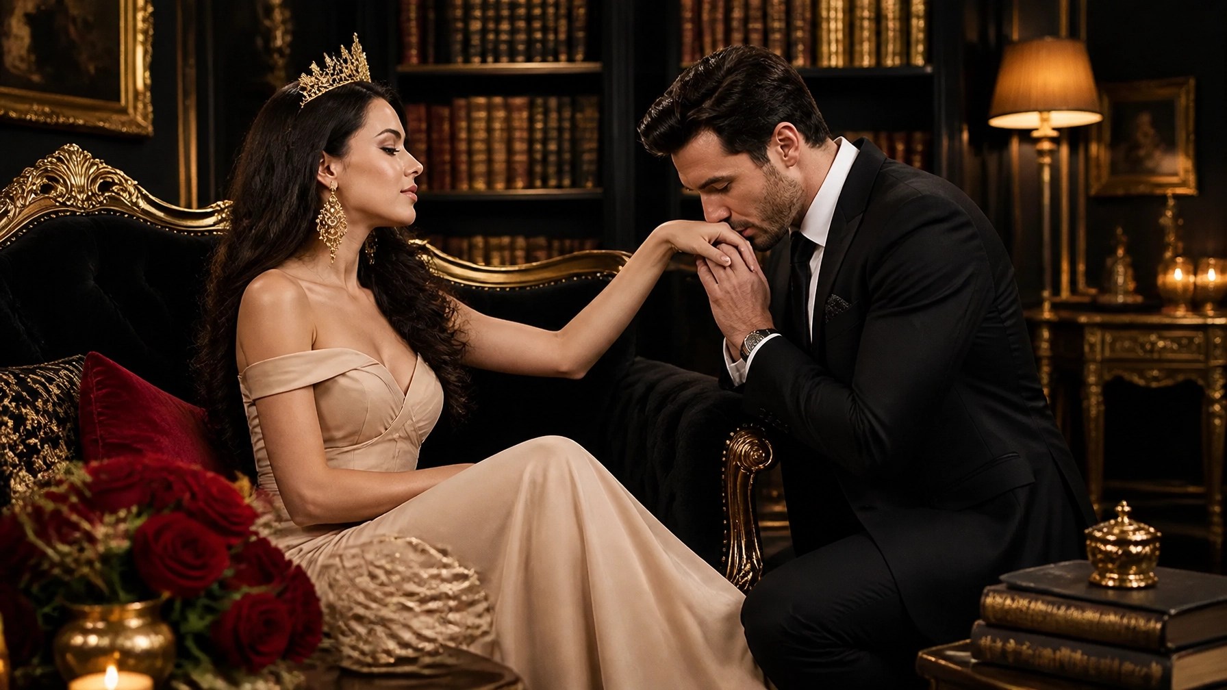 A woman being adored by a man in a luxury library setting, illustrating the results of finding true love through feminine magnetism.