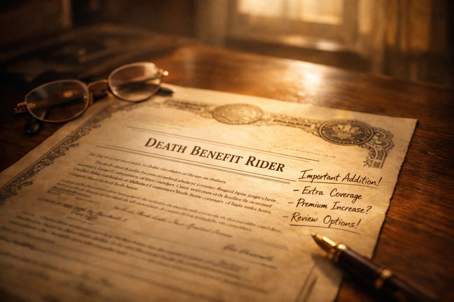 Vintage annuity policy document showing death benefit rider details on desk