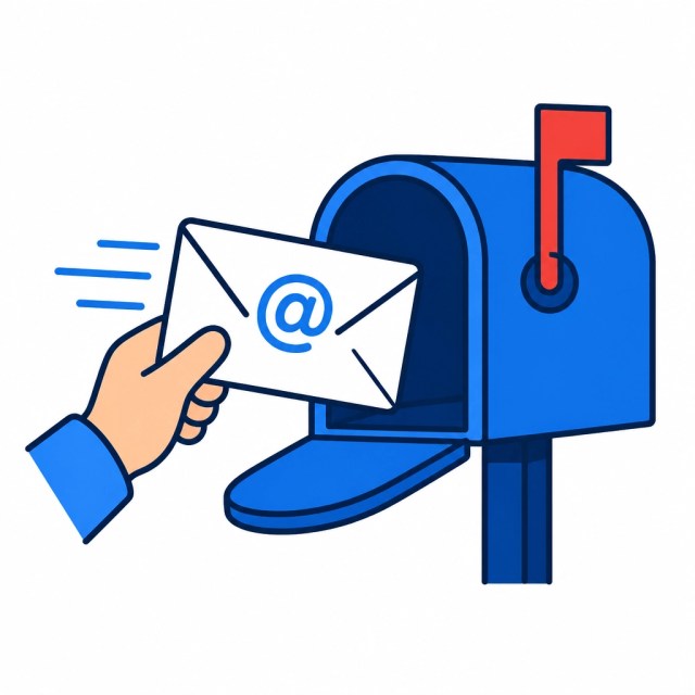A simple illustration of a digital envelope being placed into a blue mailbox, representing the action of sending mail.