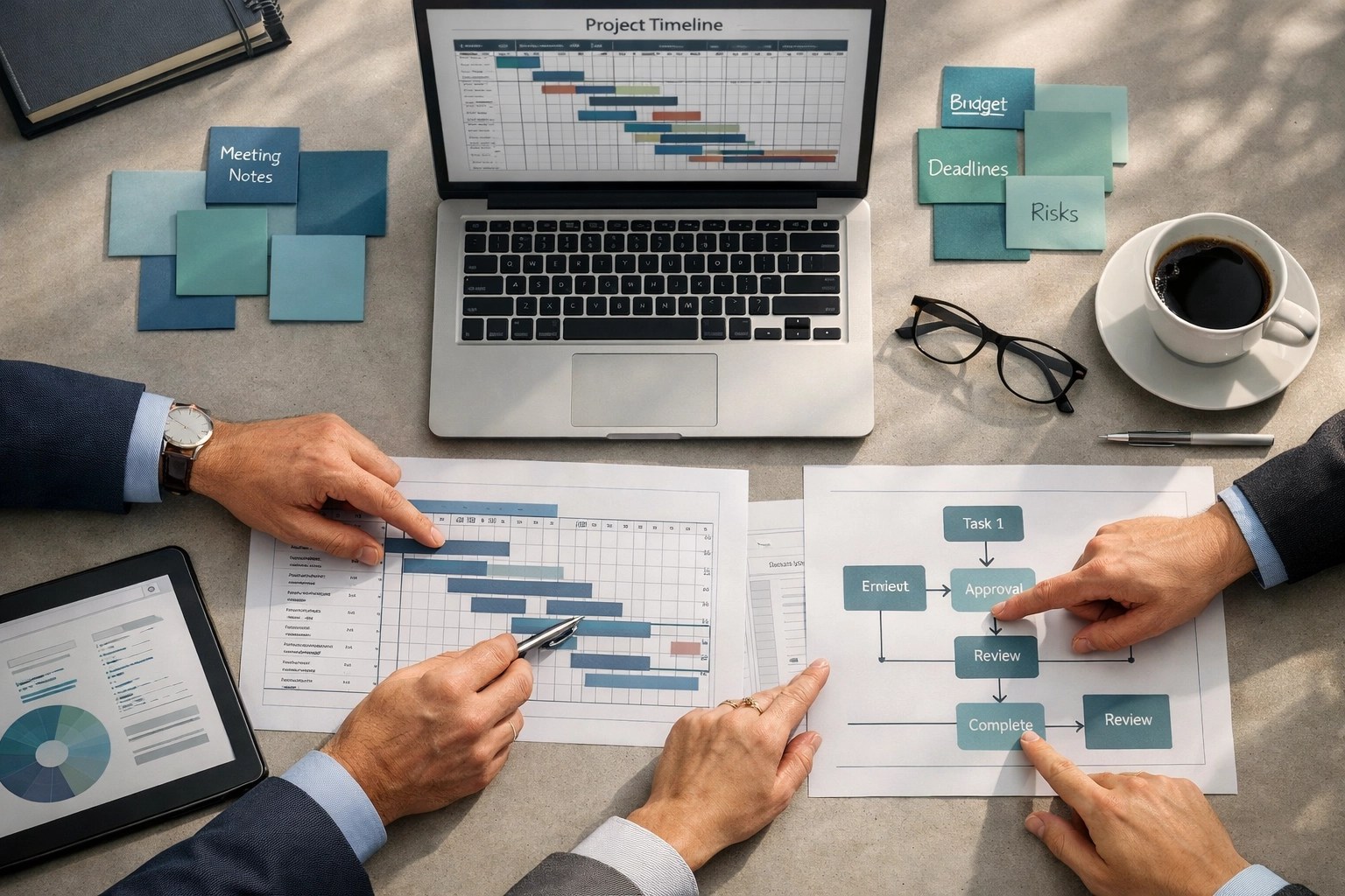 Project management team collaborating on government system implementation timeline and workflow