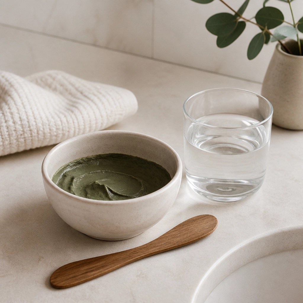 A bowl of mixed green clay with a wooden spatula
