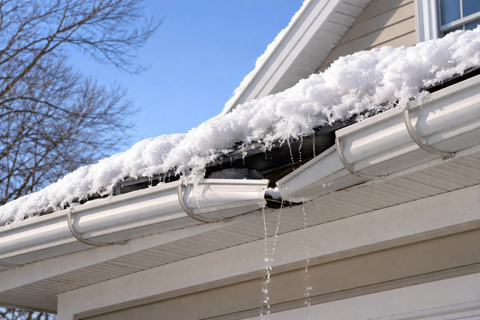 Damaged aluminum gutter sagging from snow and ice on a suburban house, highlighting post-storm gutter hazards