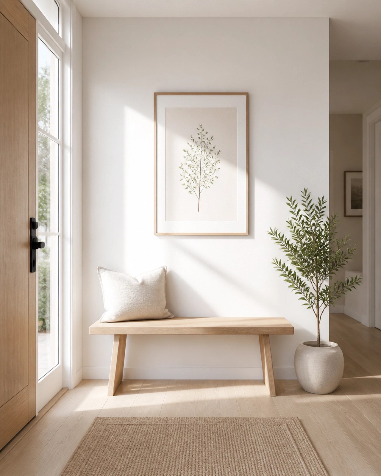 A simple, bright, and welcoming minimalist entryway with a light wood bench.