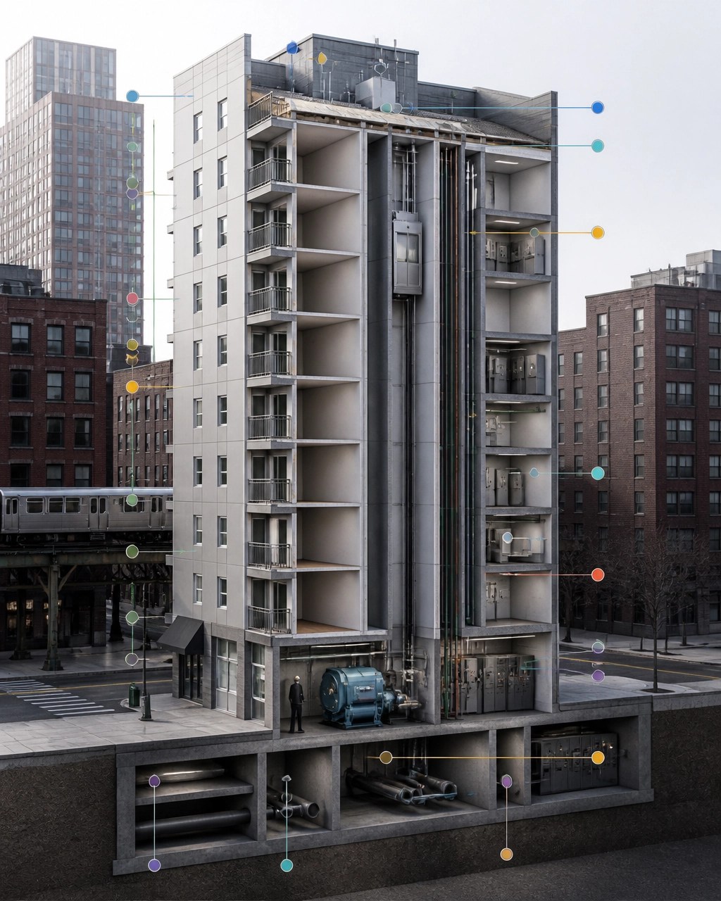 Technical building component inventory showing facade, roof, elevator, boiler, plumbing risers, and electrical systems in an NYC multifamily building