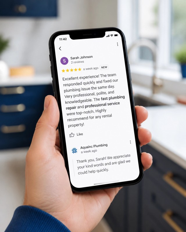 Close-up of a 5-star review on a smartphone highlighting fast plumbing repair.
