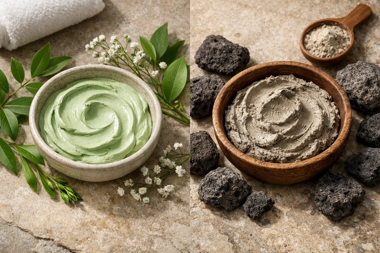 French green clay and bentonite clay masks in bowls showing texture and appearance differences