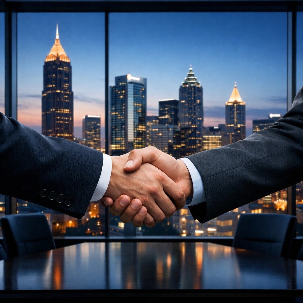 Business professionals shaking hands in a North Atlanta office to coordinate a holistic financial plan.
