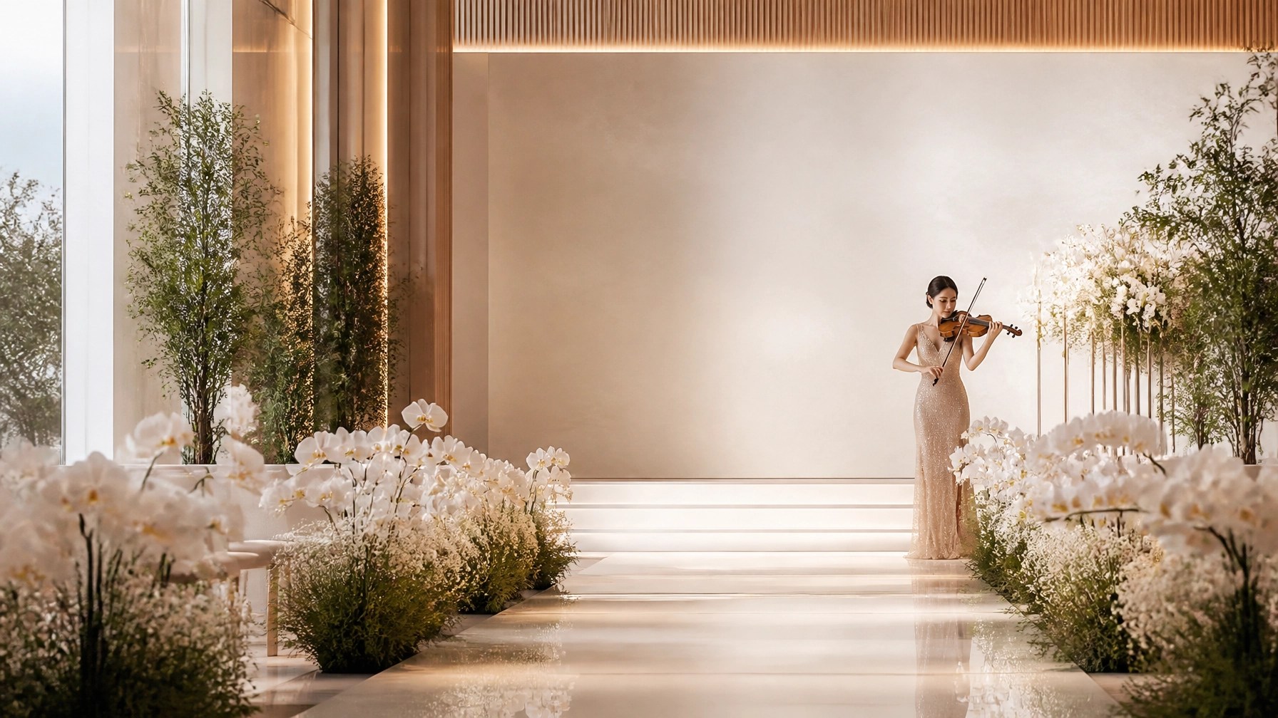 A high-resolution, professional photograph of a luxury 2026 wedding ceremony setting with minimalist white orchids and a solo violinist performing in an elegant evening gown.