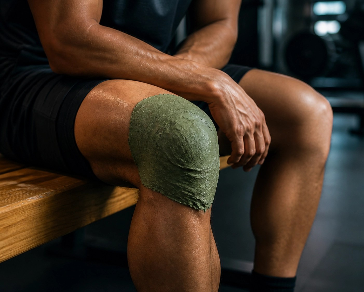 Athlete’s knee with a French green clay poultice for natural joint recovery and inflammation relief.