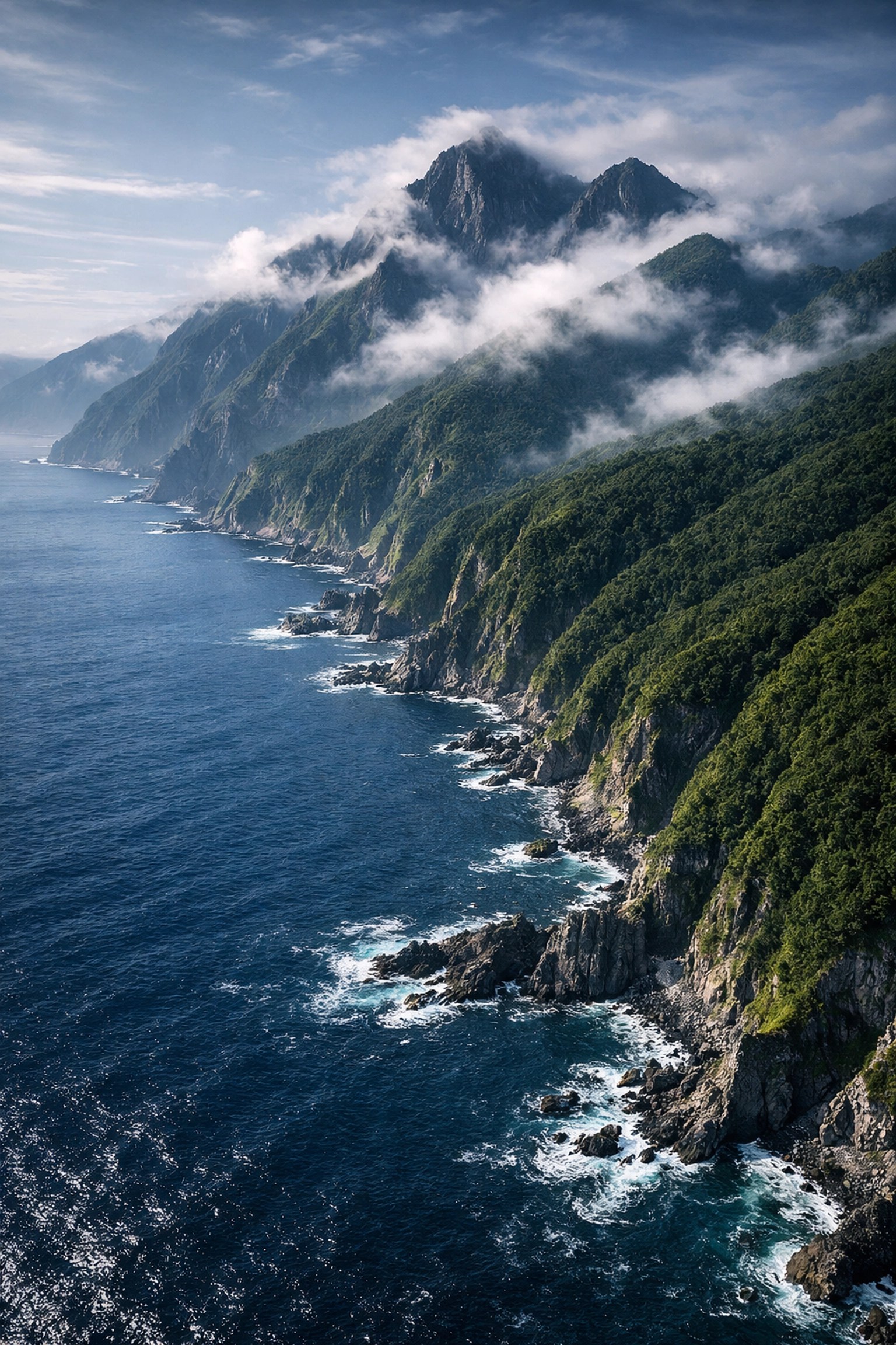 Dramatic volcanic mountains and coastline of Shiretoko National Park, Hokkaido, Japan, for authentic wilderness travel.