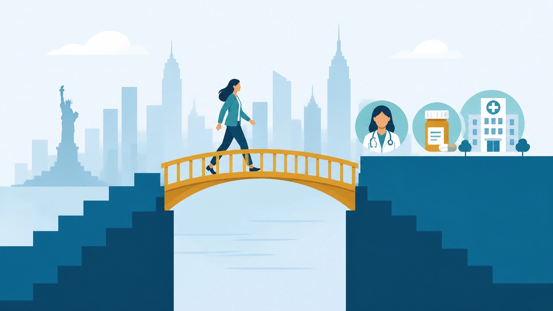 Conceptual illustration of a New York resident crossing a bridge over a health coverage gap