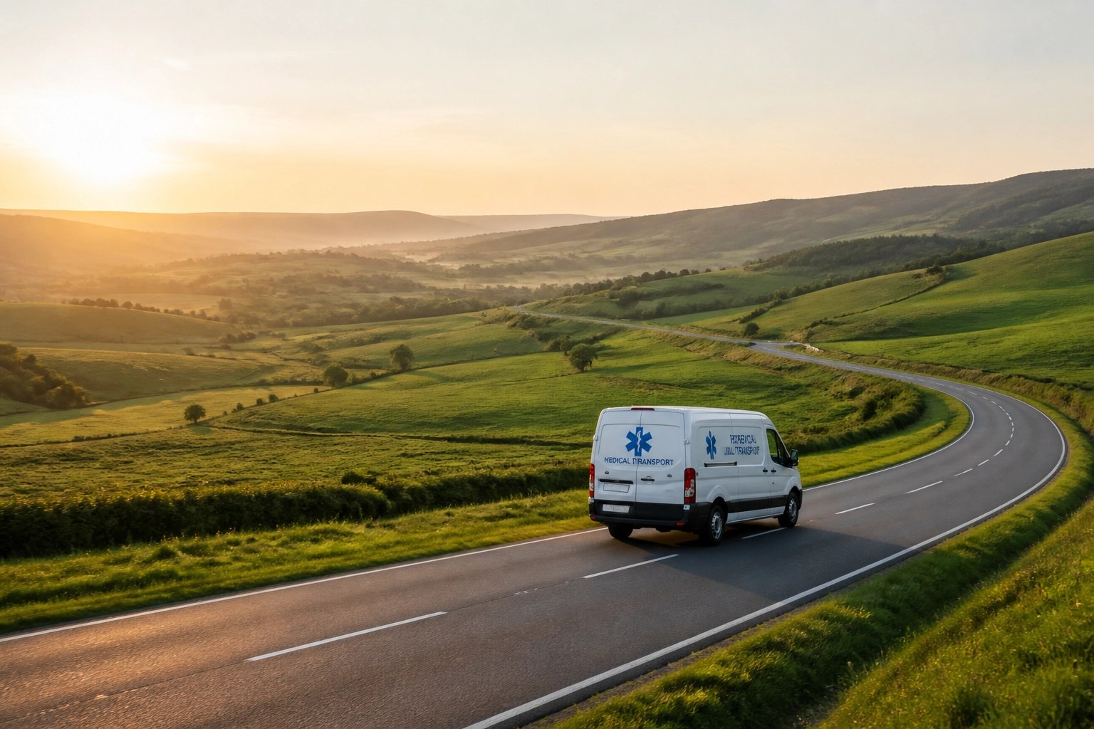 A professional medical transport van driving on a rural road to provide healthcare access in a remote area.