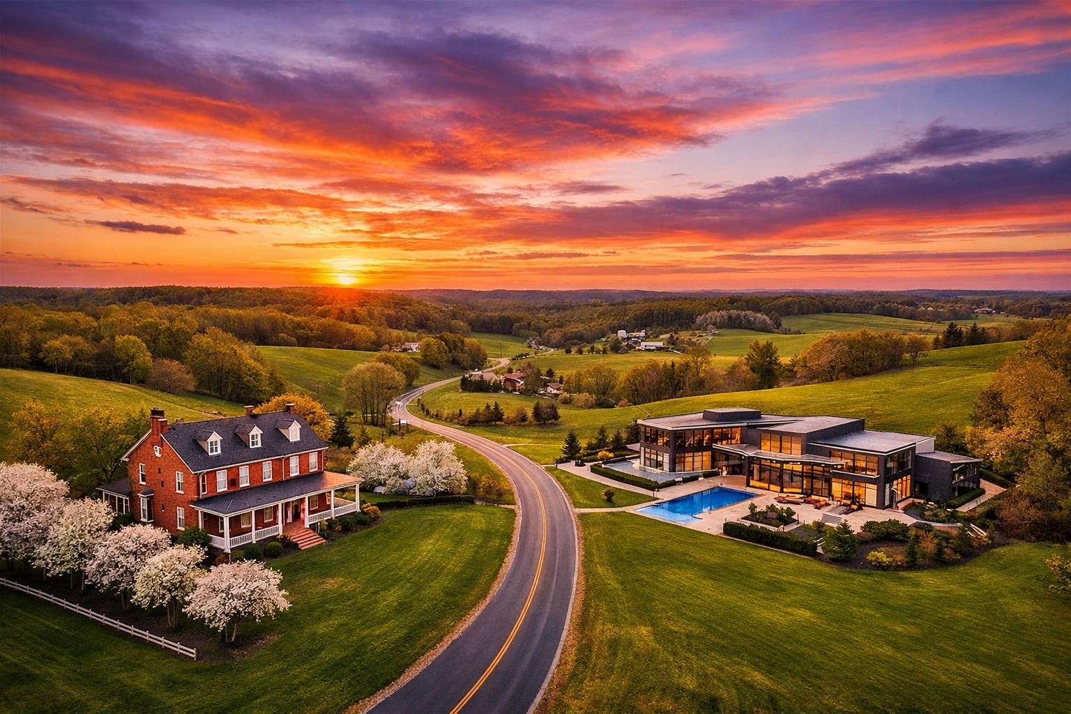 Aerial sunset view of diverse residential real estate and green landscapes in Carroll County, Maryland.