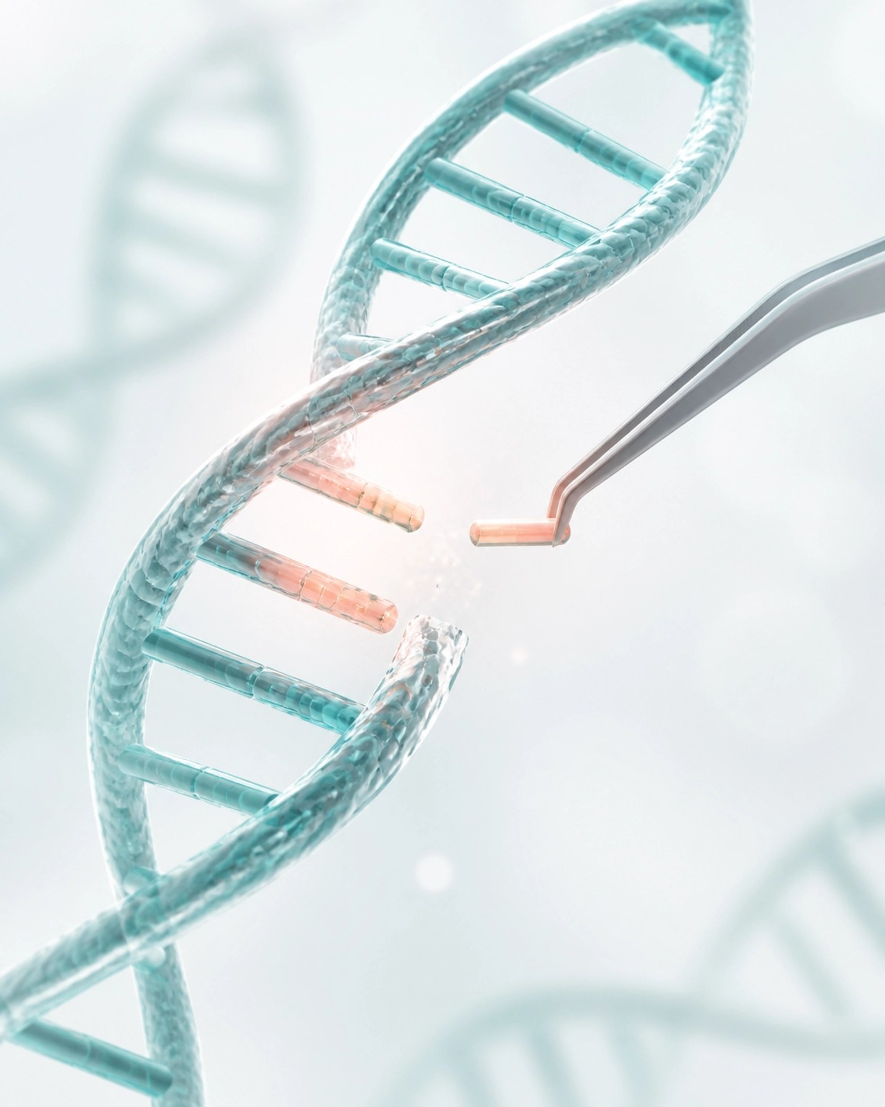 Conceptual illustration of DNA strands being repaired with glowing signals