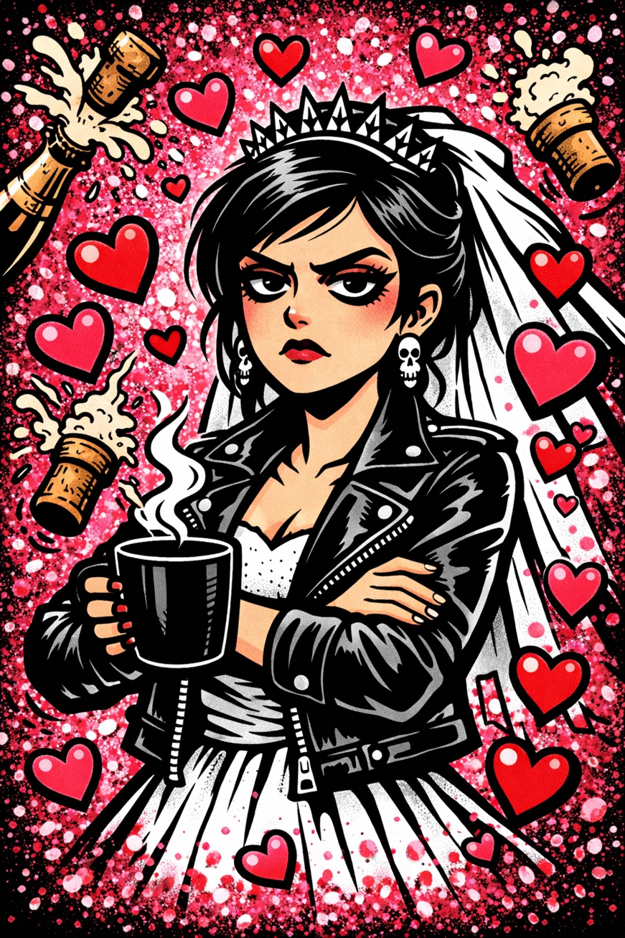 Cynical bride wearing a dark humor t-shirt and leather jacket holding coffee during a party.