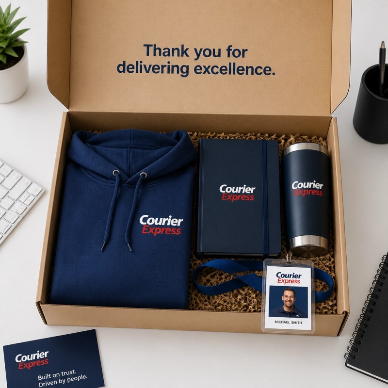 A corporate fulfillment box containing branded apparel and an ID badge