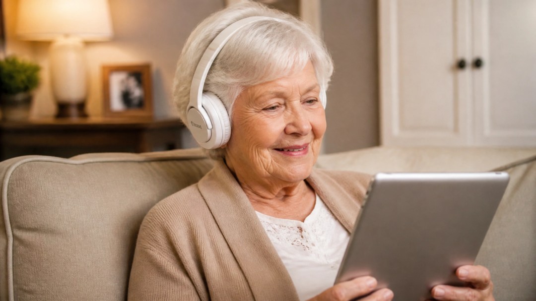 An elderly woman smiling while listening to digital recordings on a tablet