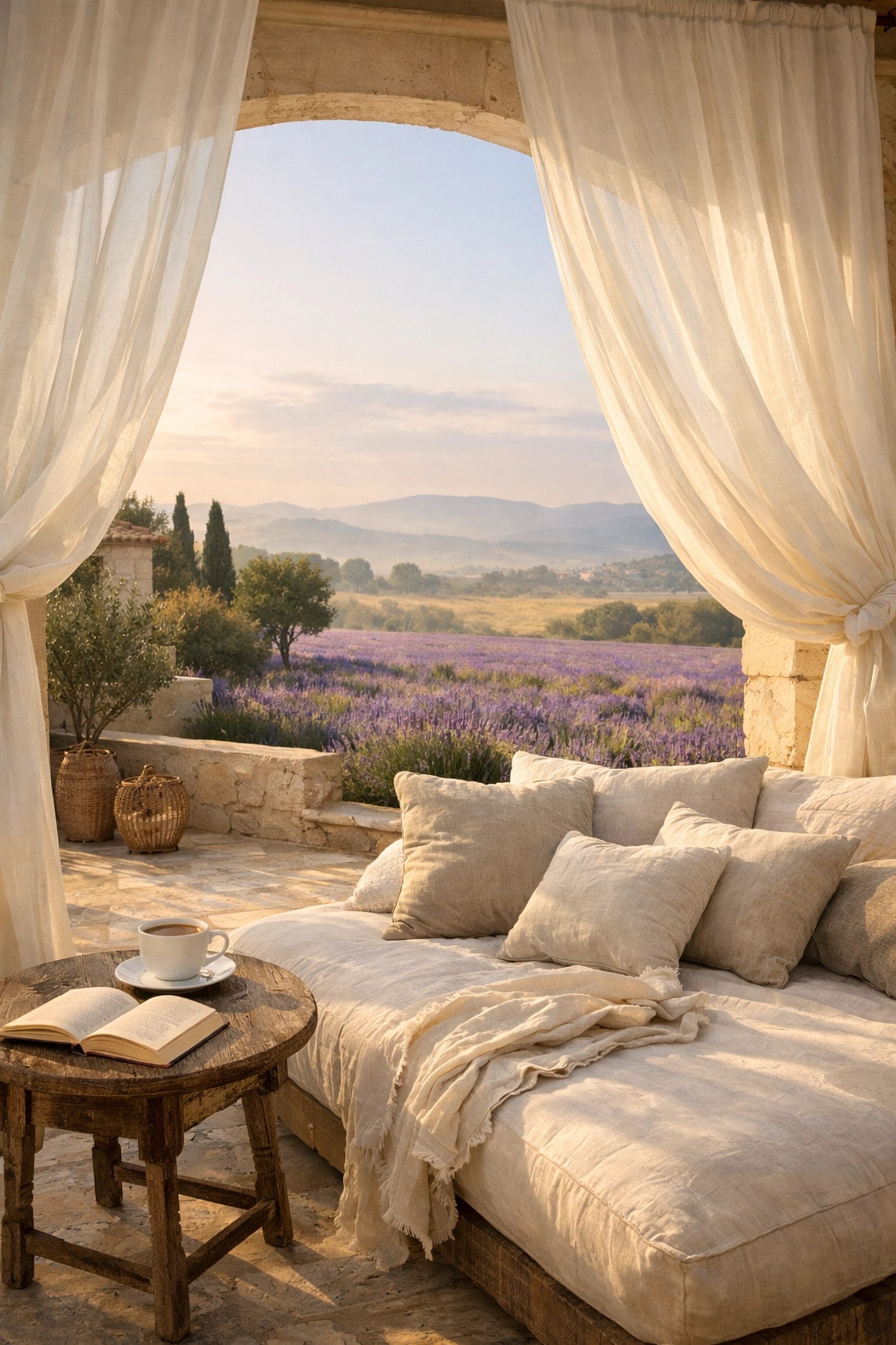 Luxury Mediterranean villa terrace with daybed overlooking lavender fields for slow travel