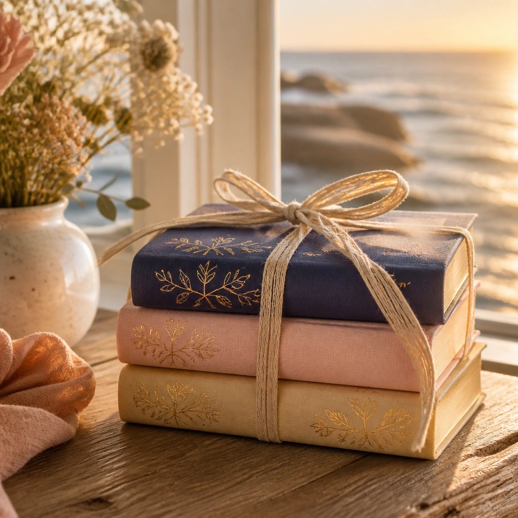 Three elegant ribbon-bound books sitting on a wooden surface against a sun-drenched Australian coastline