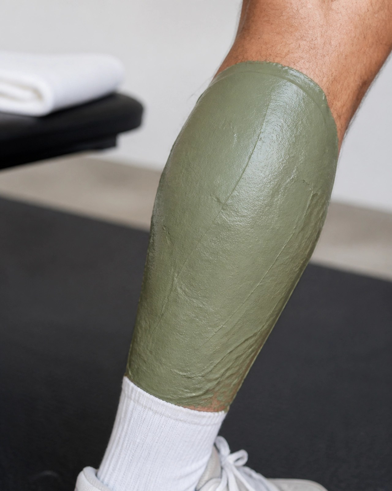 Close-up of an athlete's calf with a green clay healing wrap