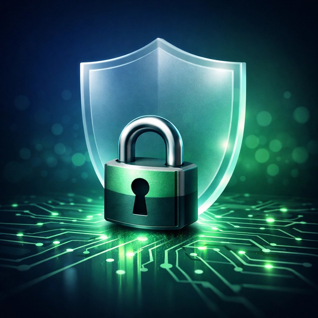 Cybersecurity shield and padlock over a circuit pattern illustrating encrypted remote IT sessions.
