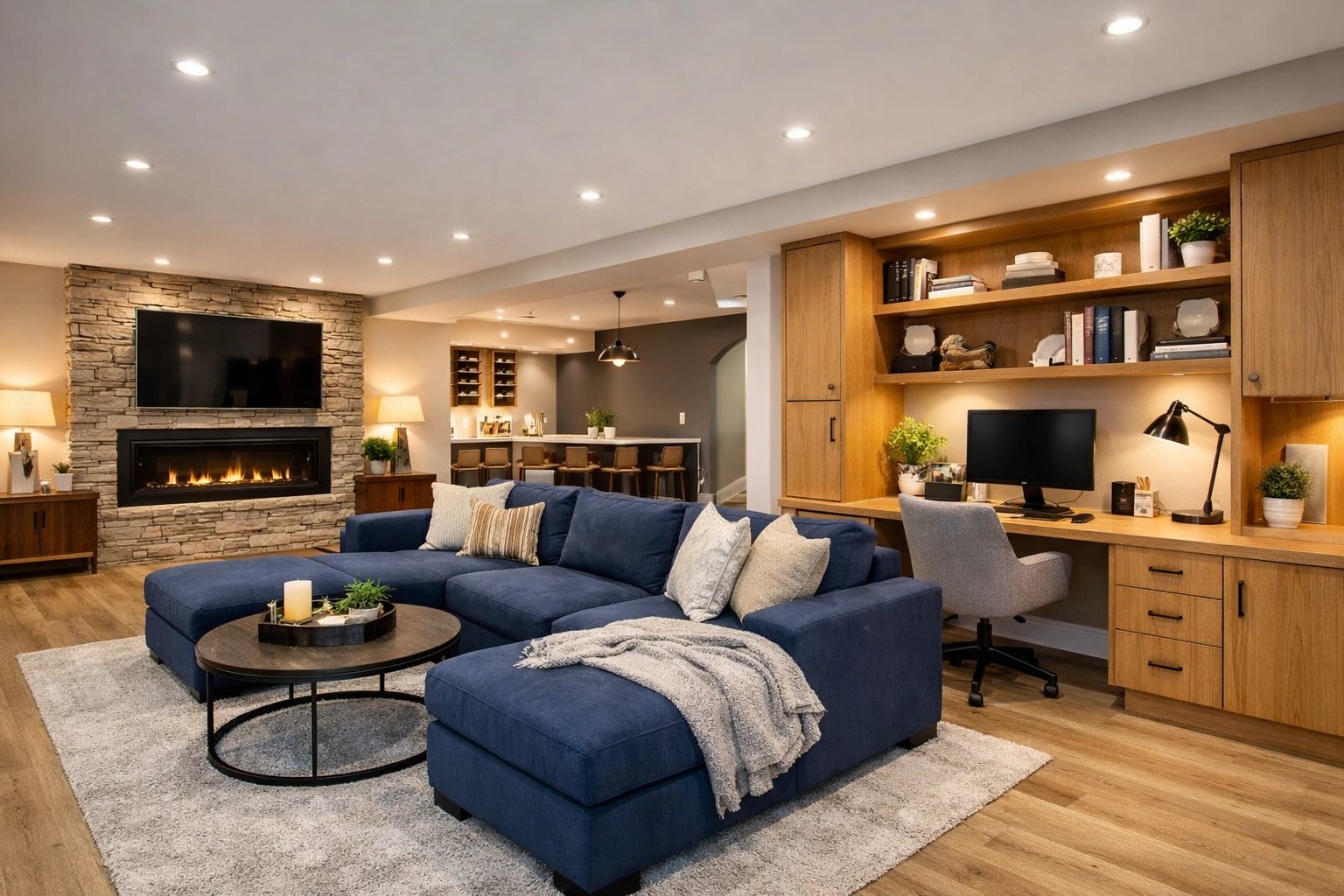 Exemple de finition de sous-sol à Trois-Rivières avec salon et bureau ouverts.