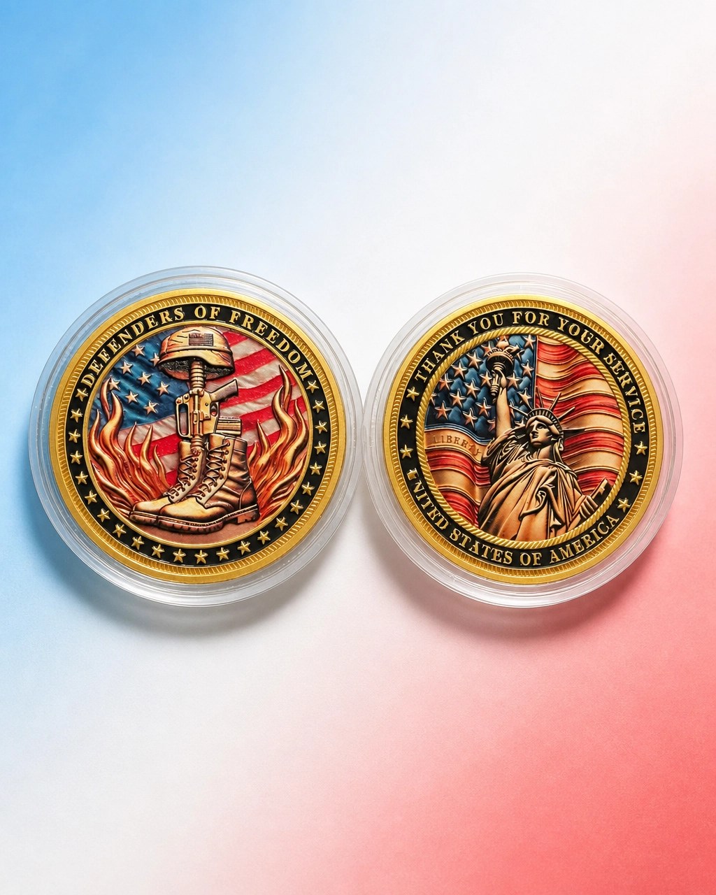 Patriotic commemorative coins displayed in crisp studio lighting