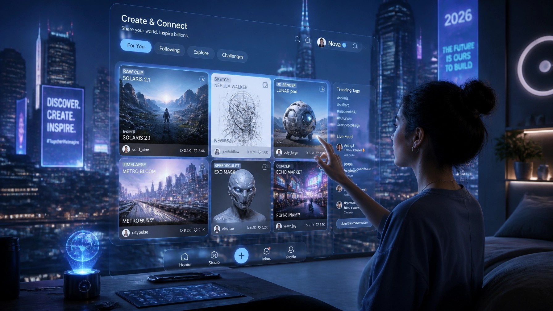 A futuristic holographic social media feed showing a mix of raw clips and digital renders in a neon city.